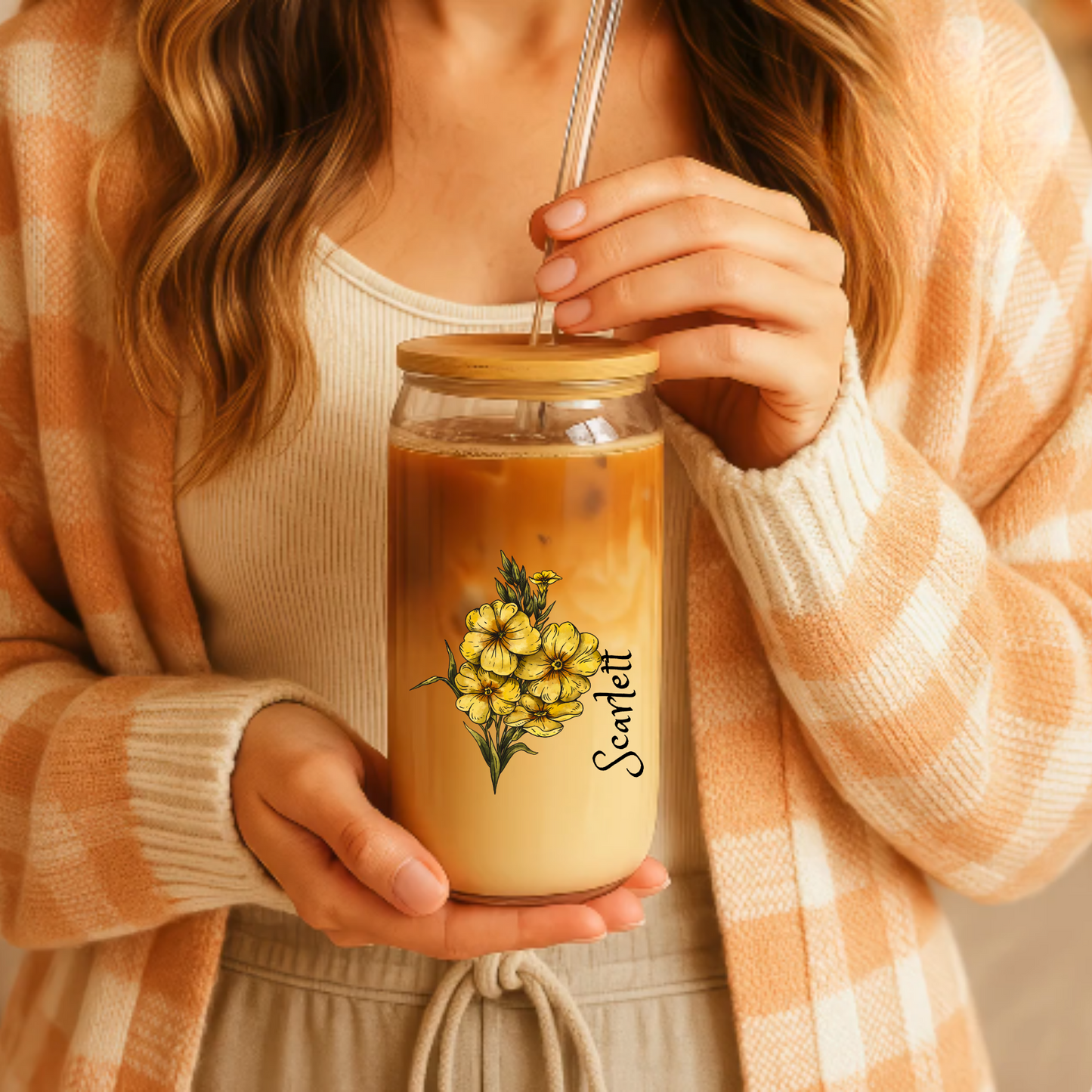 Sipper Glass, February Primrose Floral Mug, 16oz, Gift for February Birthdays, Floral Print Tea Cup, Botanical Glass, Birthday Gift for Her