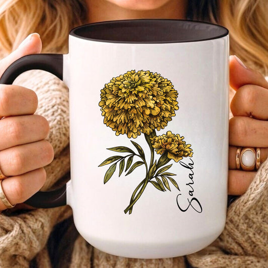October Birth Flower Marigold Mug 11oz 15oz Personalized Floral Coffee Cup Birthday Gift for Her Custom Ceramic Autumn Flower Mug